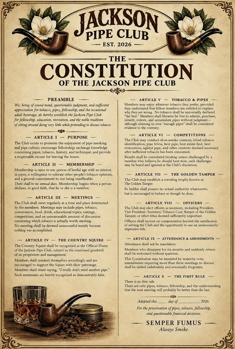 The framed poster version of the Jackson Pipe Club Constitution