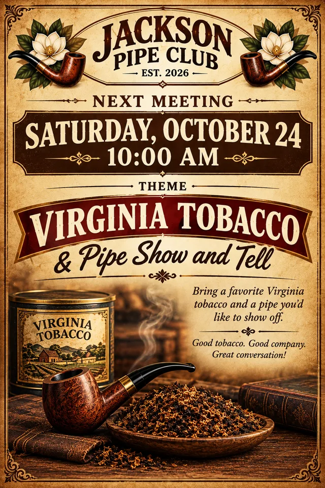 Flyer: Jackson Pipe Club next meeting, Saturday, October 24, 10:00 AM. Theme: Virginia Tobacco and Pipe Show and Tell.
