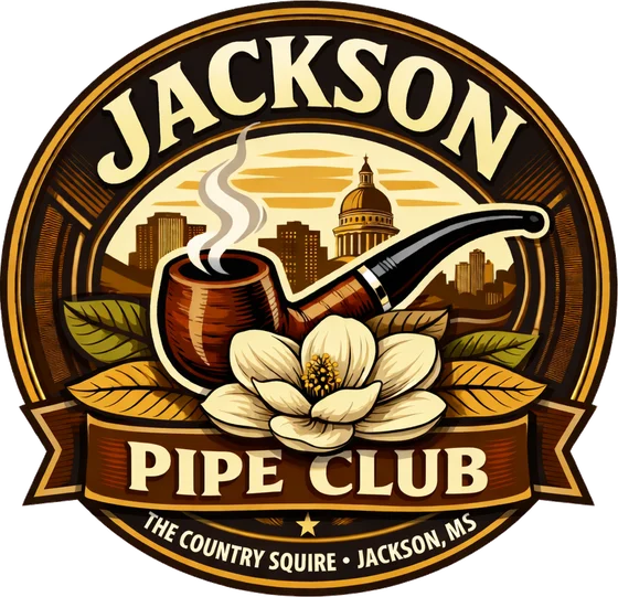 Jackson Pipe Club badge: a briar pipe, magnolia, and the Jackson skyline