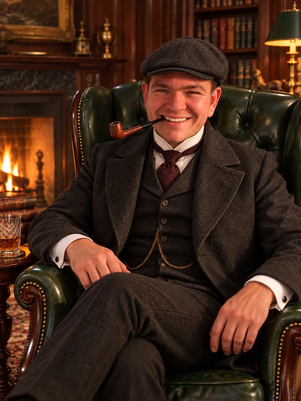 Club President Matt Flint smiling in a green leather chair by the fire, pipe in hand